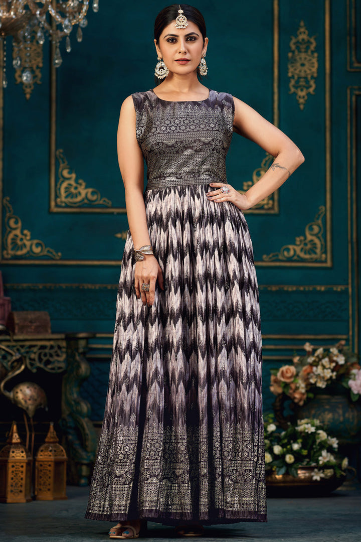 Party Wear Chinon Digital Printed Multi Color Readymade Gown