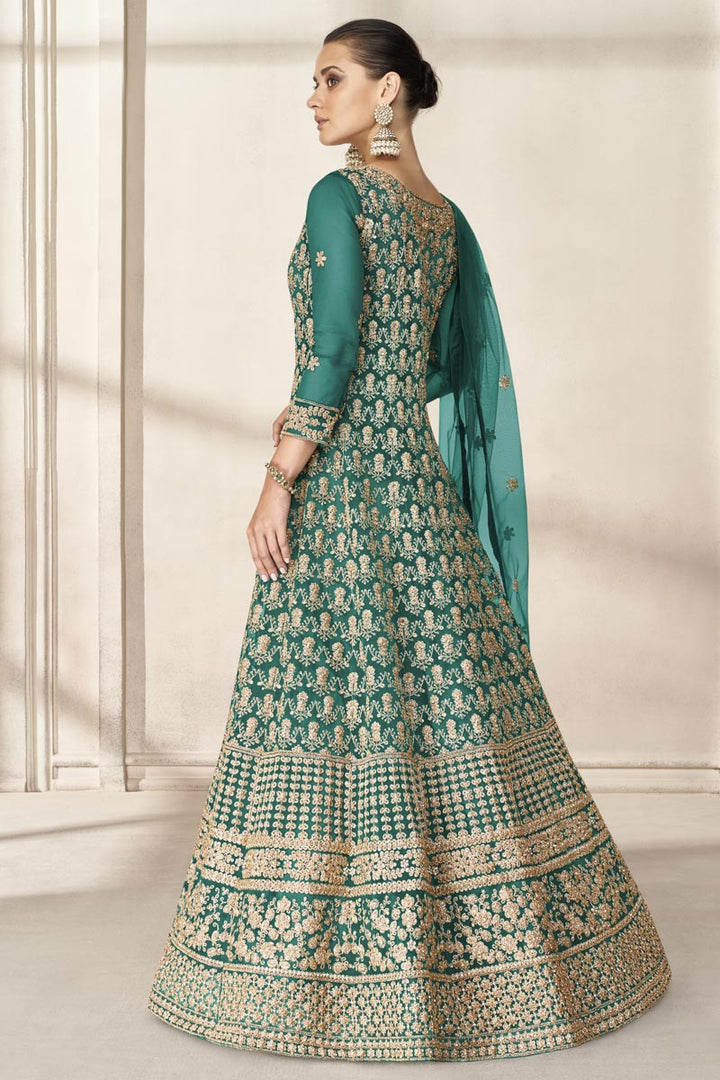 Amazing Green Color Embroidered Work Function Wear Anarkali Suit In Net Fabric