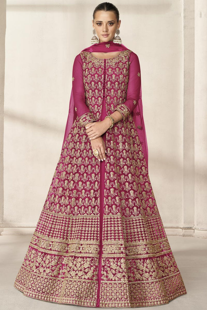 Function Wear Dazzling Rani Color Net Fabric Anarkali Suit With Embroidered Work
