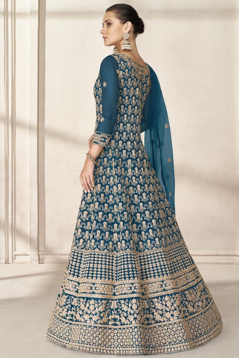 Net Fabric Teal Color Function Wear Handy Anarkali Suit With Embroidered Work