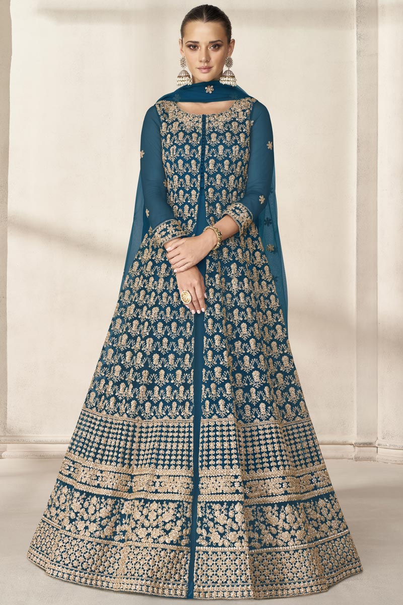 Net Fabric Teal Color Function Wear Handy Anarkali Suit With Embroidered Work