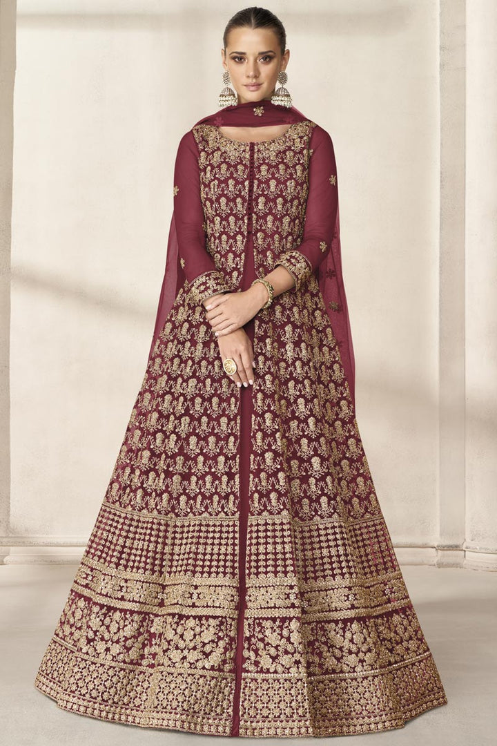 Maroon Color Bright Net Fabric Function Wear Anarkali Suit With Embroidered Work