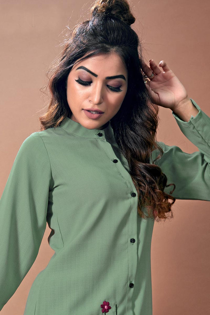 Sea Green Color Cocktail Party Stylish Chinon Fabric Kurti