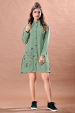 Load image into Gallery viewer, Sea Green Color Cocktail Party Stylish Chinon Fabric Kurti
