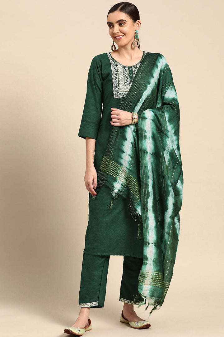 Tempting Dark Green Color Casual Wear Readymade Cotton Salwar Suit