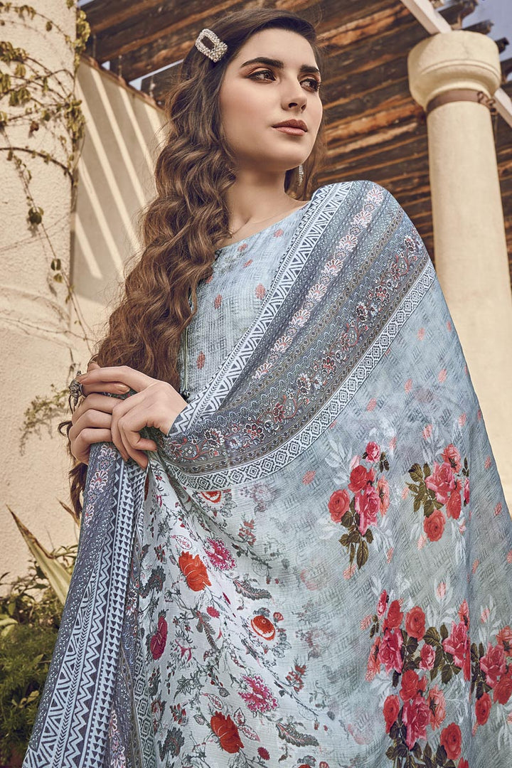 Festive Wear Light Cyan Color Elegant Printed Viscose Fabric Salwar Kameez