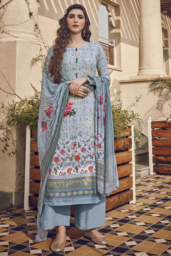 Festive Wear Light Cyan Color Elegant Printed Viscose Fabric Salwar Kameez