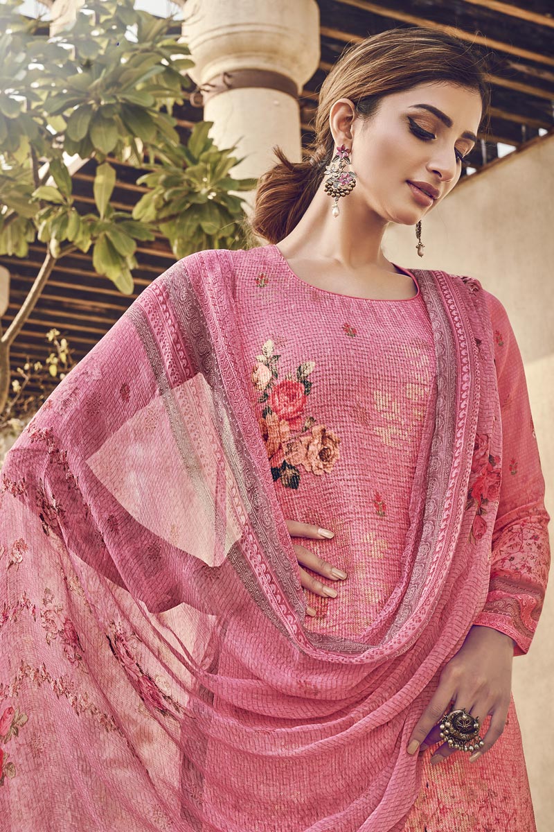 Viscose Fabric Festive Wear Elegant Printed Pink Color Salwar Kameez