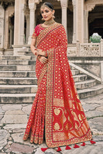 Load image into Gallery viewer, Silk Fabric Red Color Border Work Wedding Wear Fancy Saree
