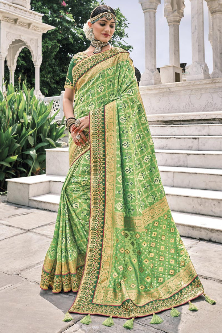 Silk Fabric Sea Green Color Sangeet Wear Border Work Saree