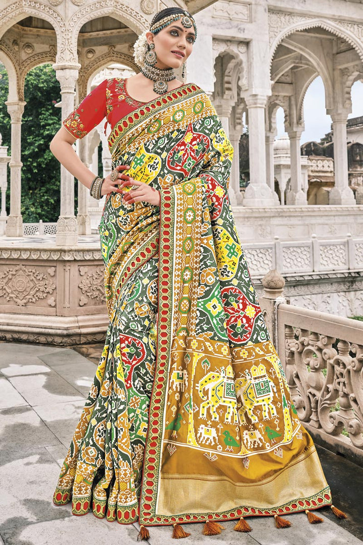 Silk Fabric Classic Sangeet Wear Mehendi Green Color Border Work Saree