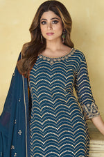 Load image into Gallery viewer, Teal Color Bewitching Georgette Fabric Shamita Shetty Sharara Suit
