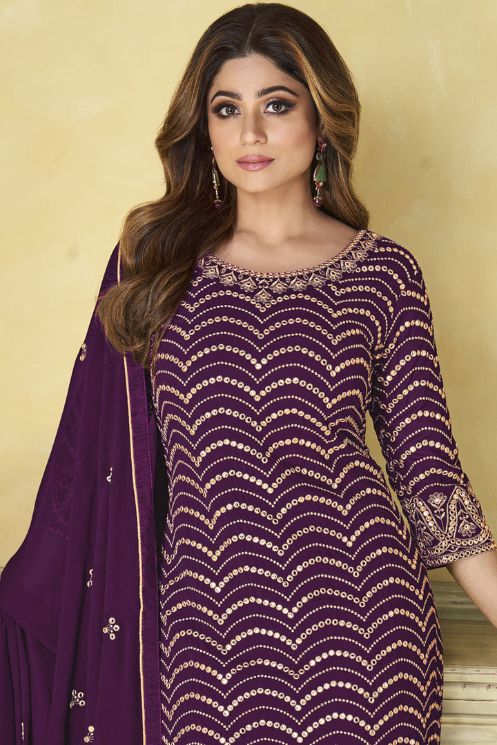 Tempting Georgette Fabric Purple Color Shamita Shetty Sharara Suit