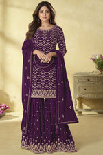 Load image into Gallery viewer, Tempting Georgette Fabric Purple Color Shamita Shetty Sharara Suit
