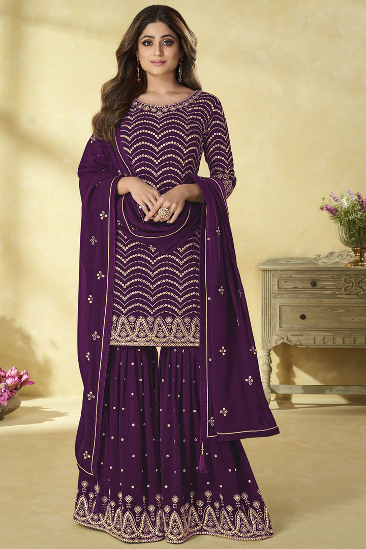 Tempting Georgette Fabric Purple Color Shamita Shetty Sharara Suit