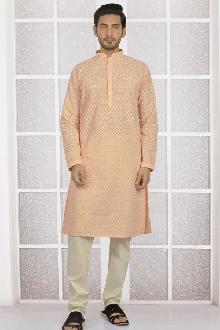 Peach Color Georgette Fabric Festive Wear Readymade Kurta For Men
