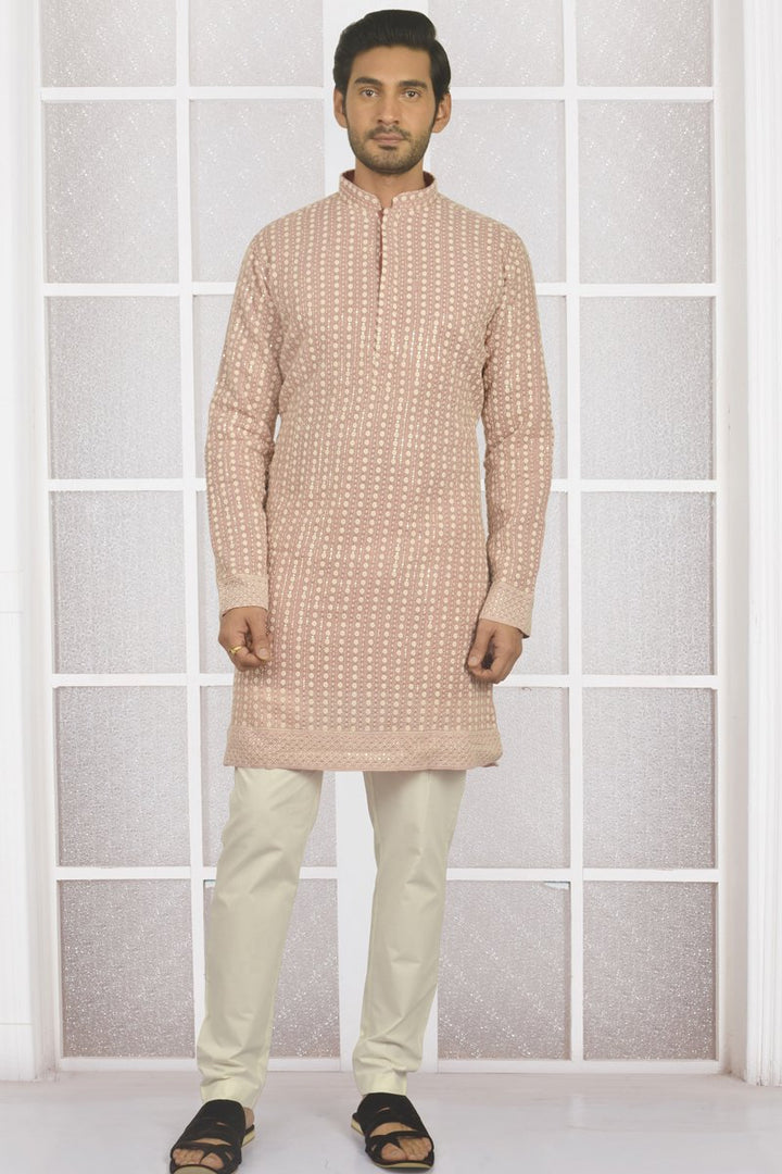 Pink Color Cotton Fabric Festive Wear Readymade Kurta For Men