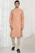 Load image into Gallery viewer, Peach Color Silk Fabric Festive Wear Embroidered Readymade Kurta For Men
