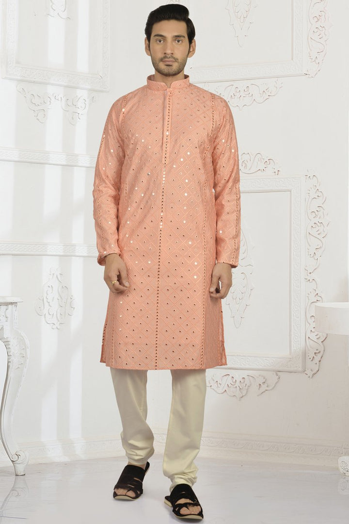 Peach Color Silk Fabric Festive Wear Embroidered Readymade Kurta For Men