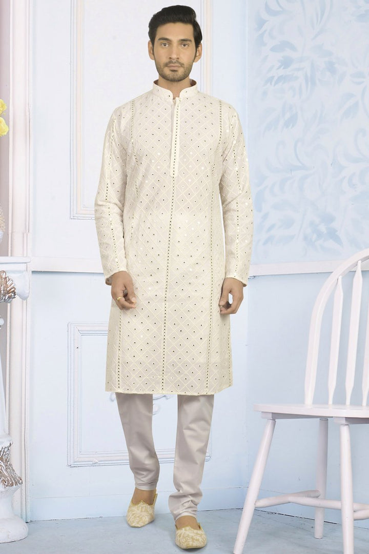 Off White Color Georgette Fabric Festive Wear Embroidered Readymade Kurta For Men