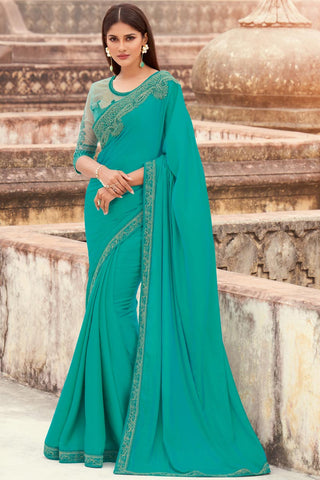 Cyan Art Silk Fabric Occasion Wear Saree