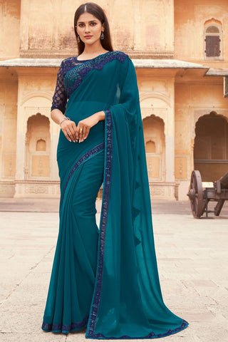 Georgette Fabric Teal Color Party Wear Saree