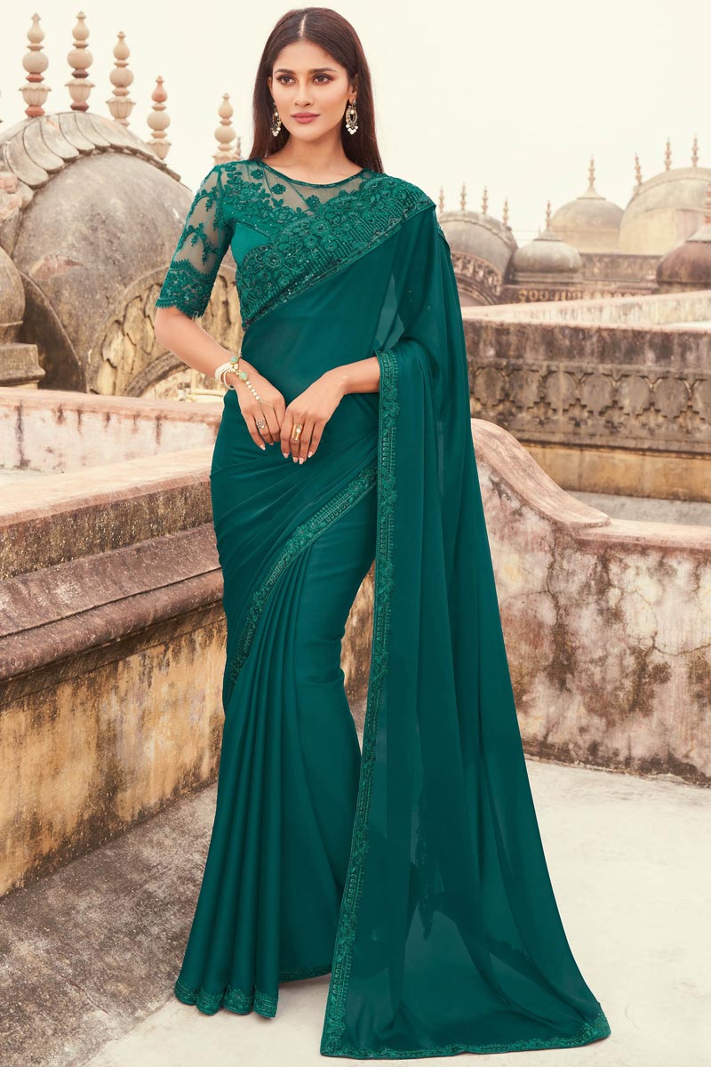 Designer Georgette Fabric Function Wear Saree In Teal Color