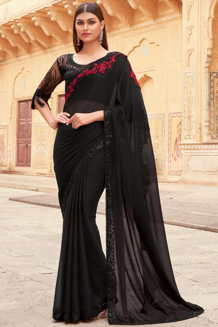 Georgette Fabric Black Color Saree For Wedding Function