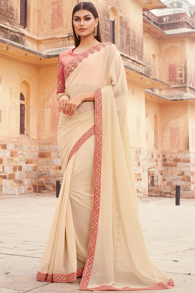 Designer Beige Color Georgette Fabric Party Wear Saree