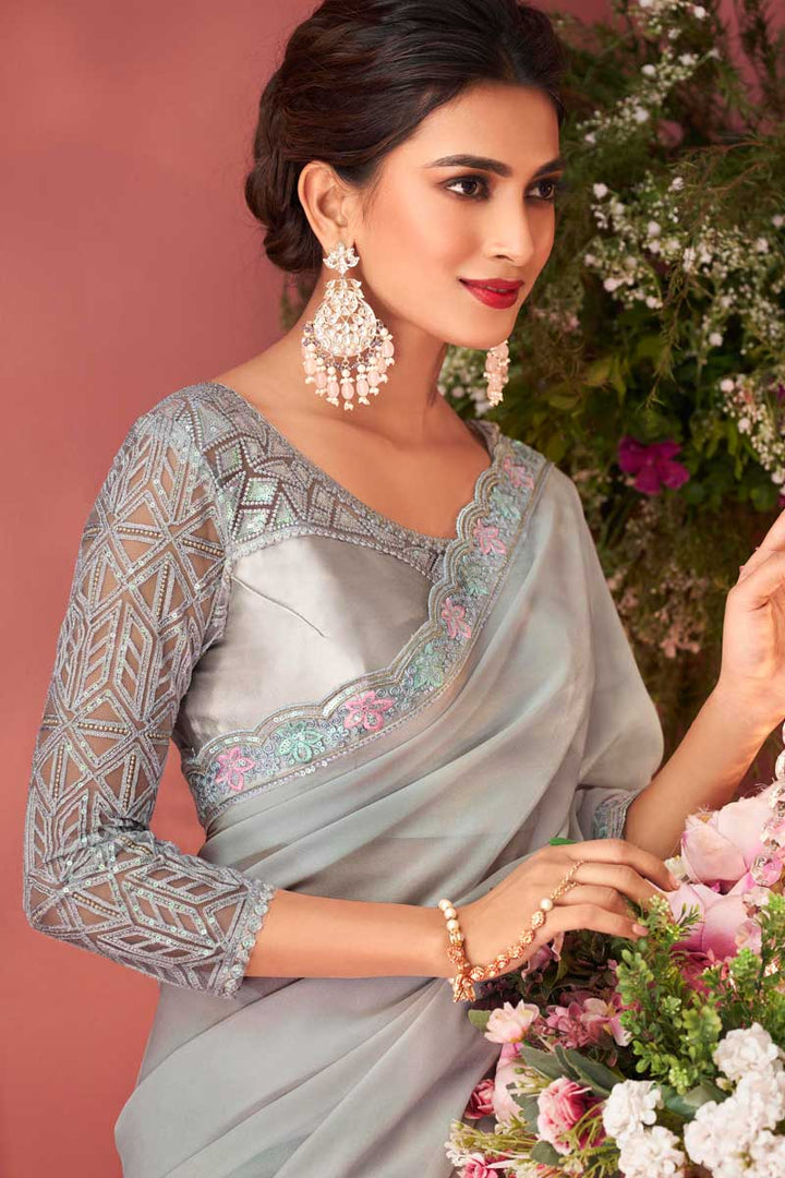 Grey Color Party Look Brilliant Georgette Fabric Saree