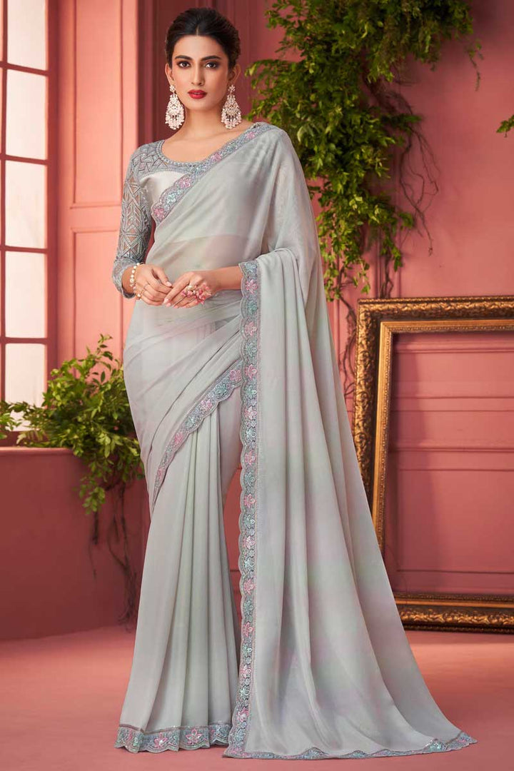 Grey Color Party Look Brilliant Georgette Fabric Saree