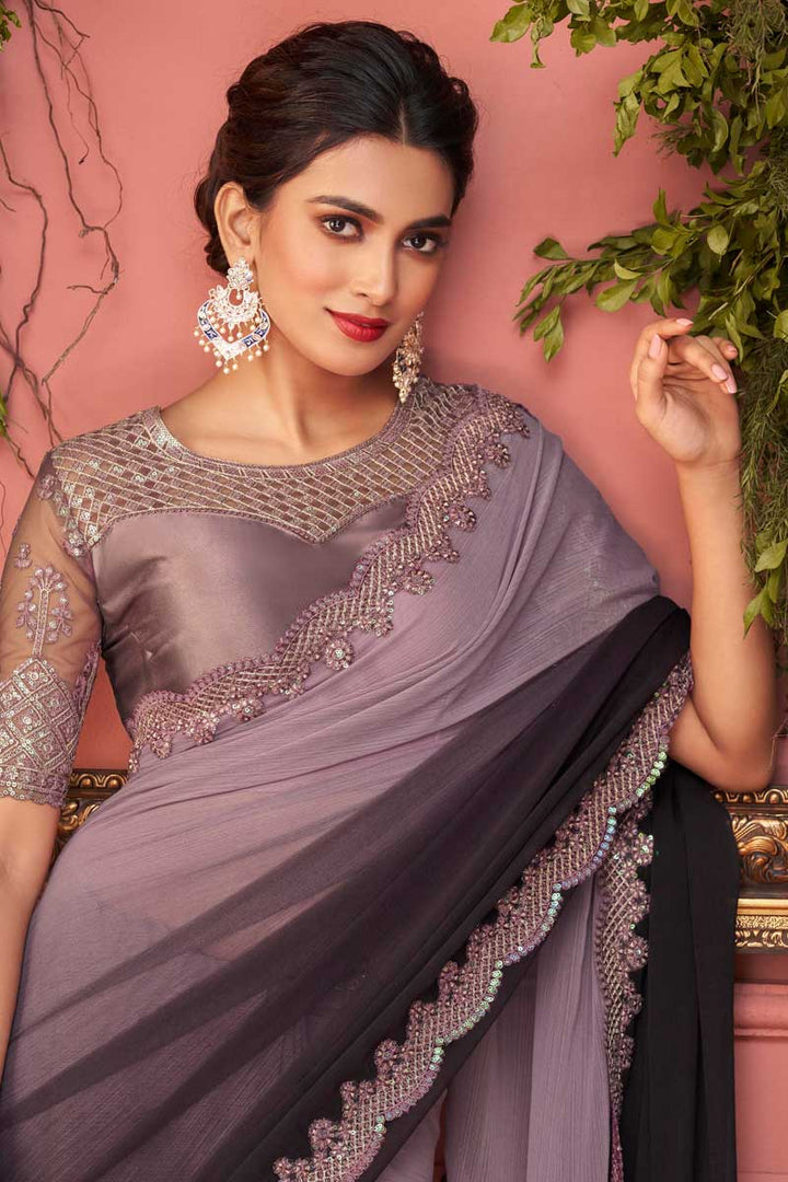 Party Look Imposing Chiffon Fabric Saree In Purple Color