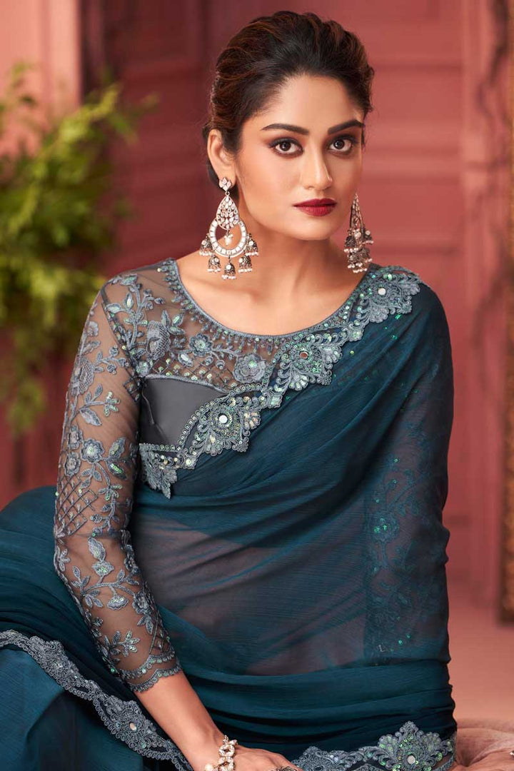 Party Look Soothing Chiffon Fabric Saree In Teal Color
