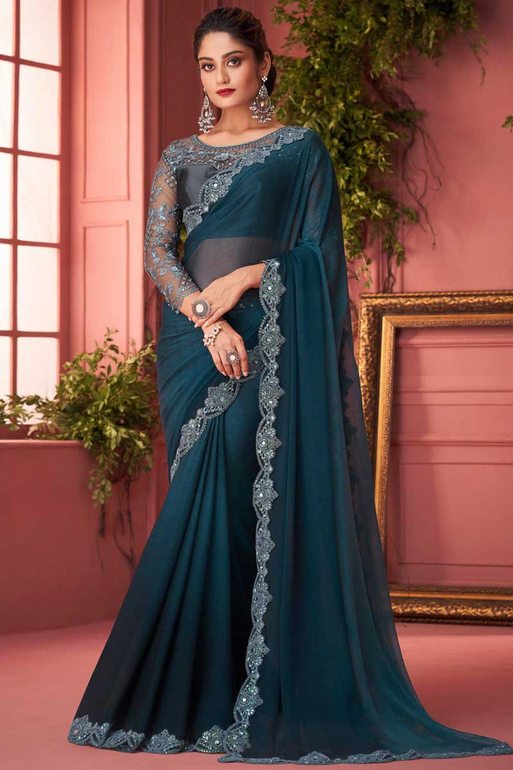 Party Look Soothing Chiffon Fabric Saree In Teal Color