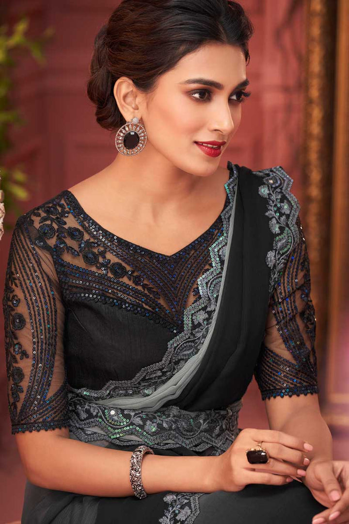 Delicate Black Color Party Look Chiffon Fabric Saree