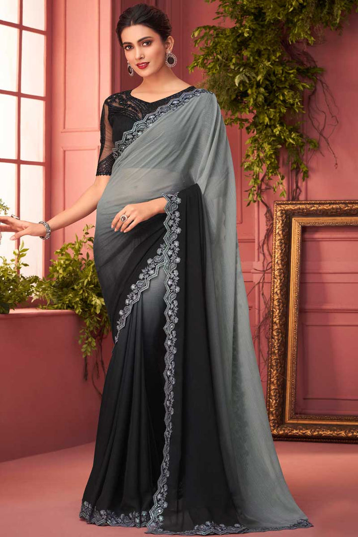 Delicate Black Color Party Look Chiffon Fabric Saree