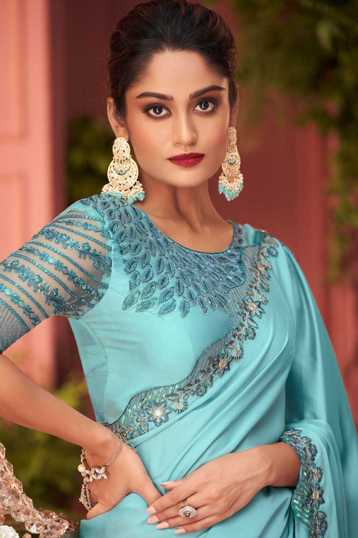 Cyan Color Party Look Glamorous Georgette Fabric Saree