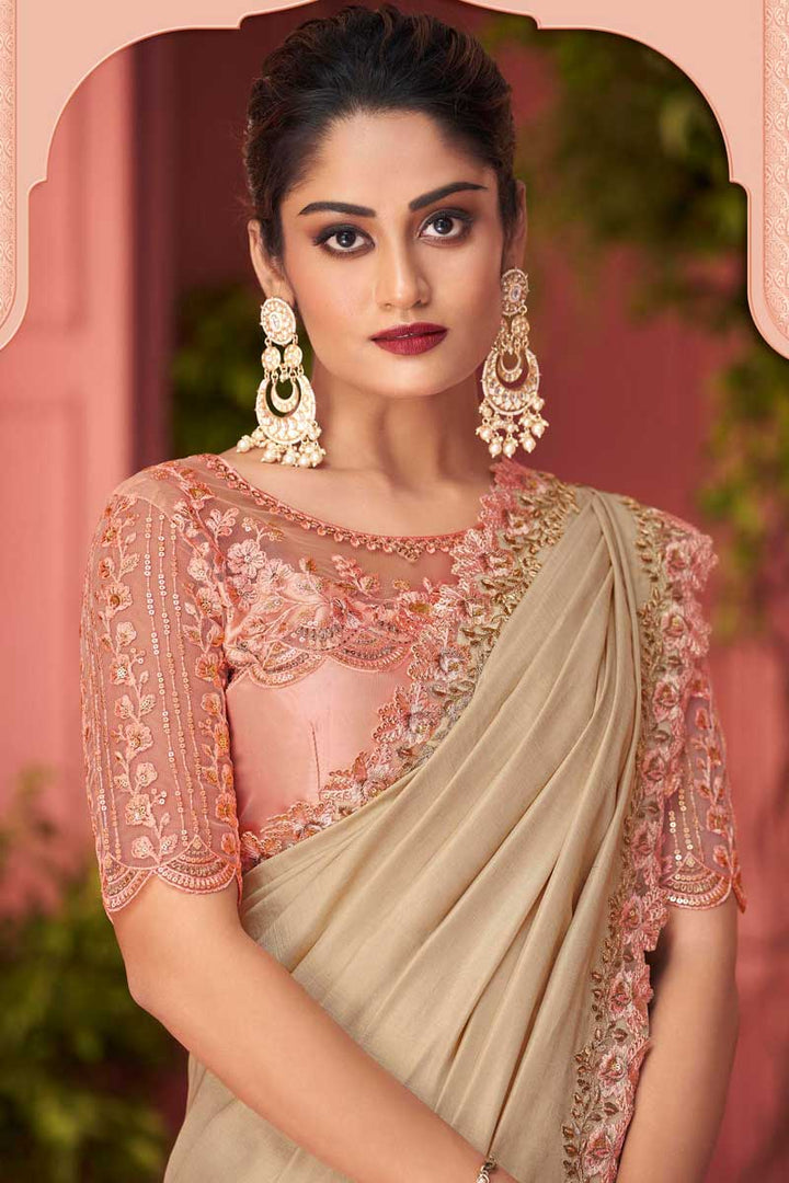 Party Look Attractive Georgette Fabric Saree In Beige Color