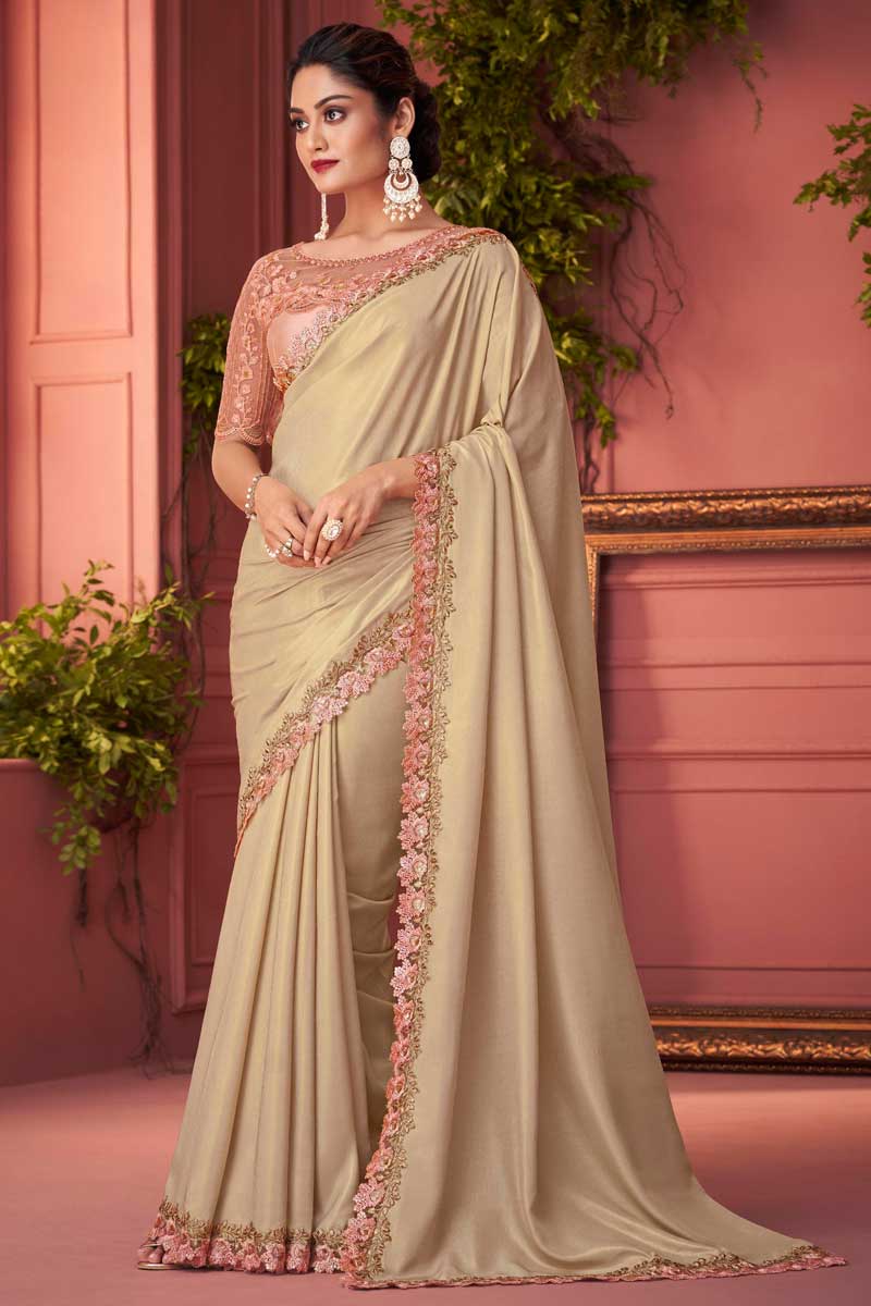 Party Look Attractive Georgette Fabric Saree In Beige Color