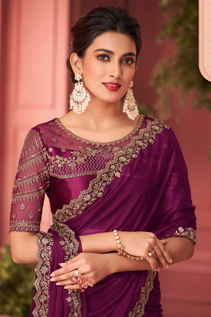 Alluring Wine Color Party Look Georgette Fabric Saree