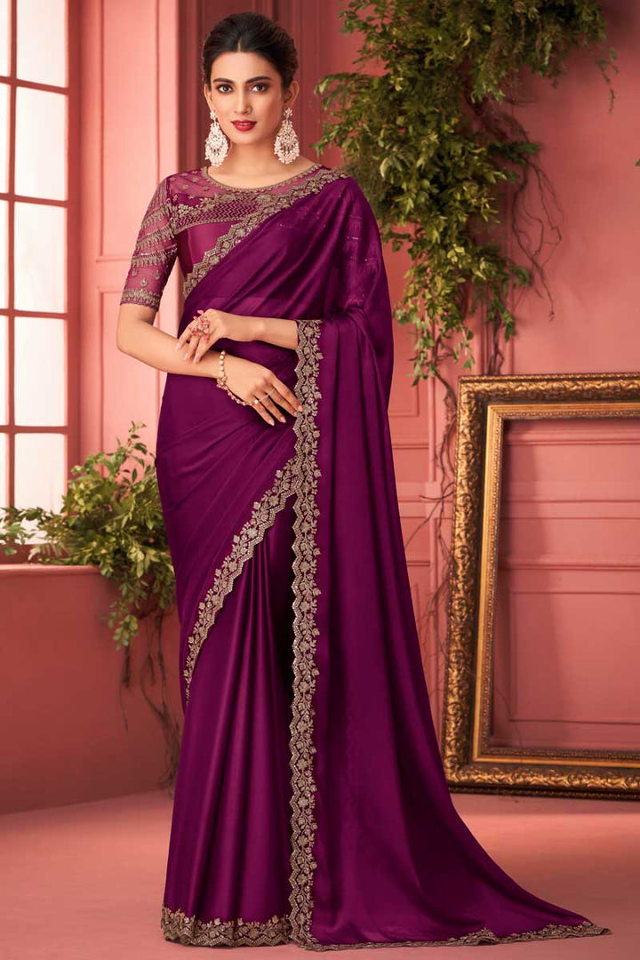 Alluring Wine Color Party Look Georgette Fabric Saree