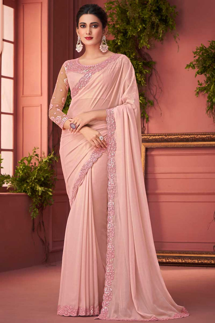 Peach Color Stylish Party Look Georgette Fabric Saree