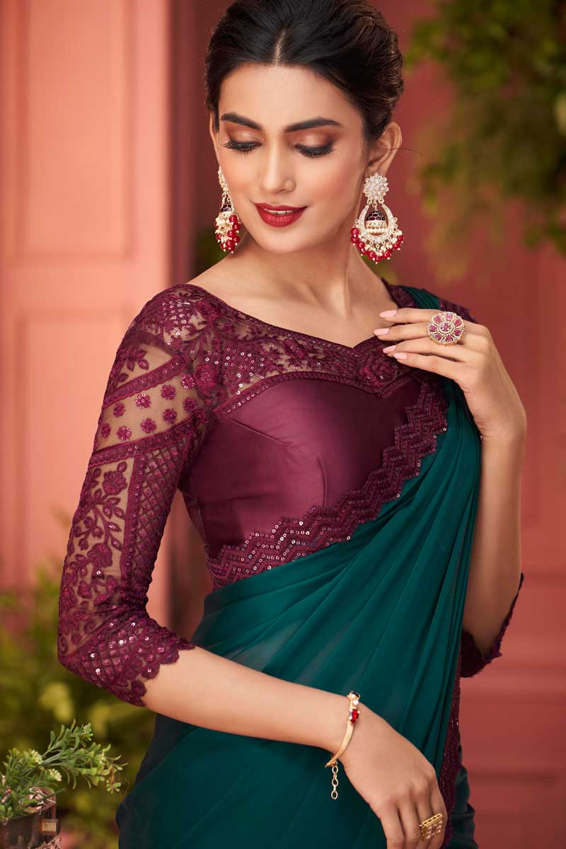 Party Look Radiant Georgette Fabric Saree In Dark Green Color