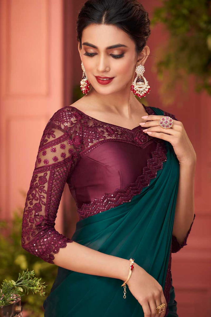 Party Look Radiant Georgette Fabric Saree In Dark Green Color