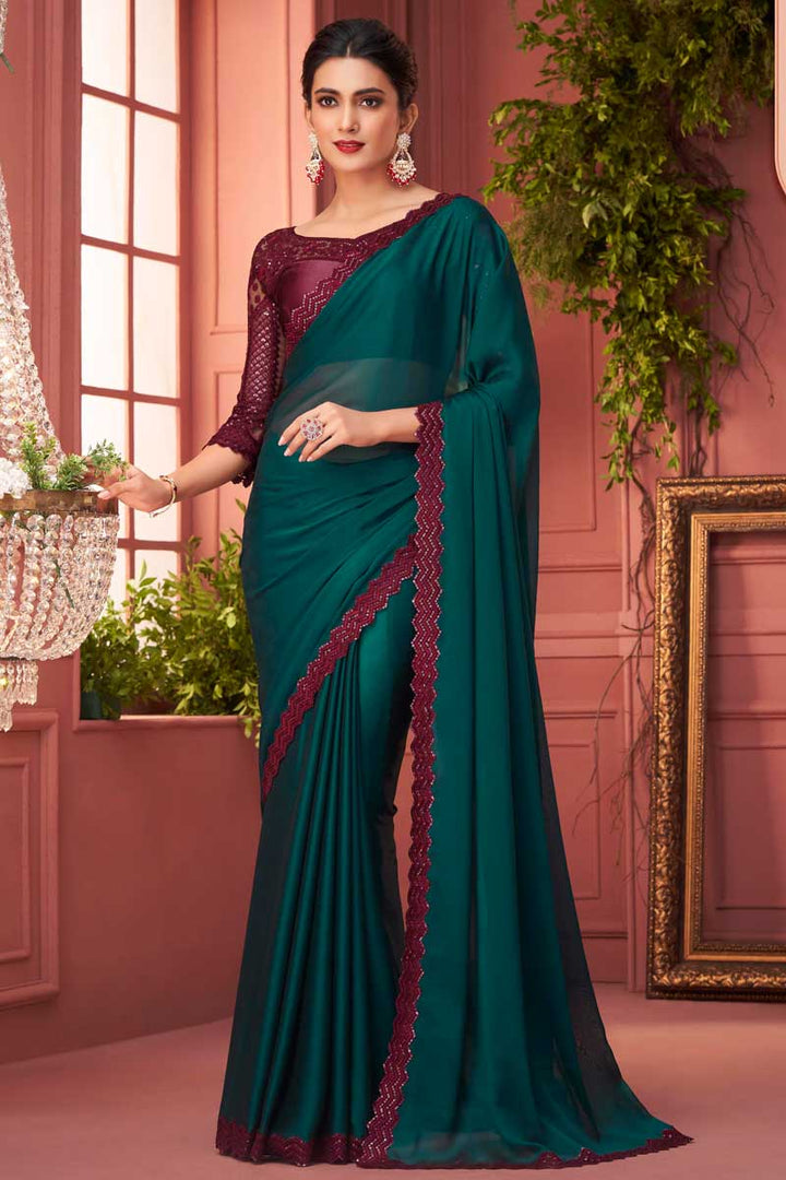Party Look Radiant Georgette Fabric Saree In Dark Green Color