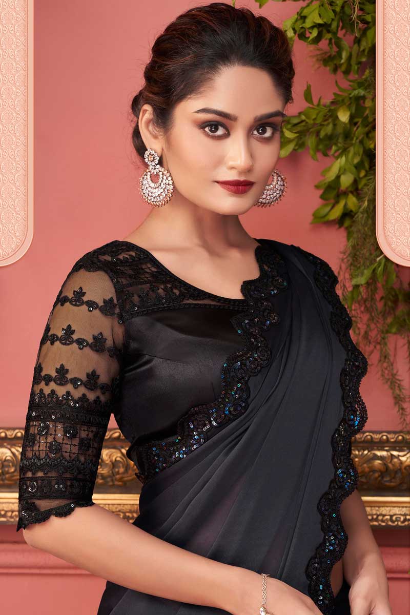 Party Look Black Color Gorgeous Georgette Fabric Saree