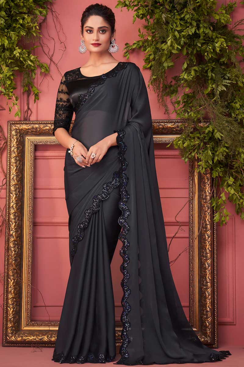 Party Look Black Color Gorgeous Georgette Fabric Saree
