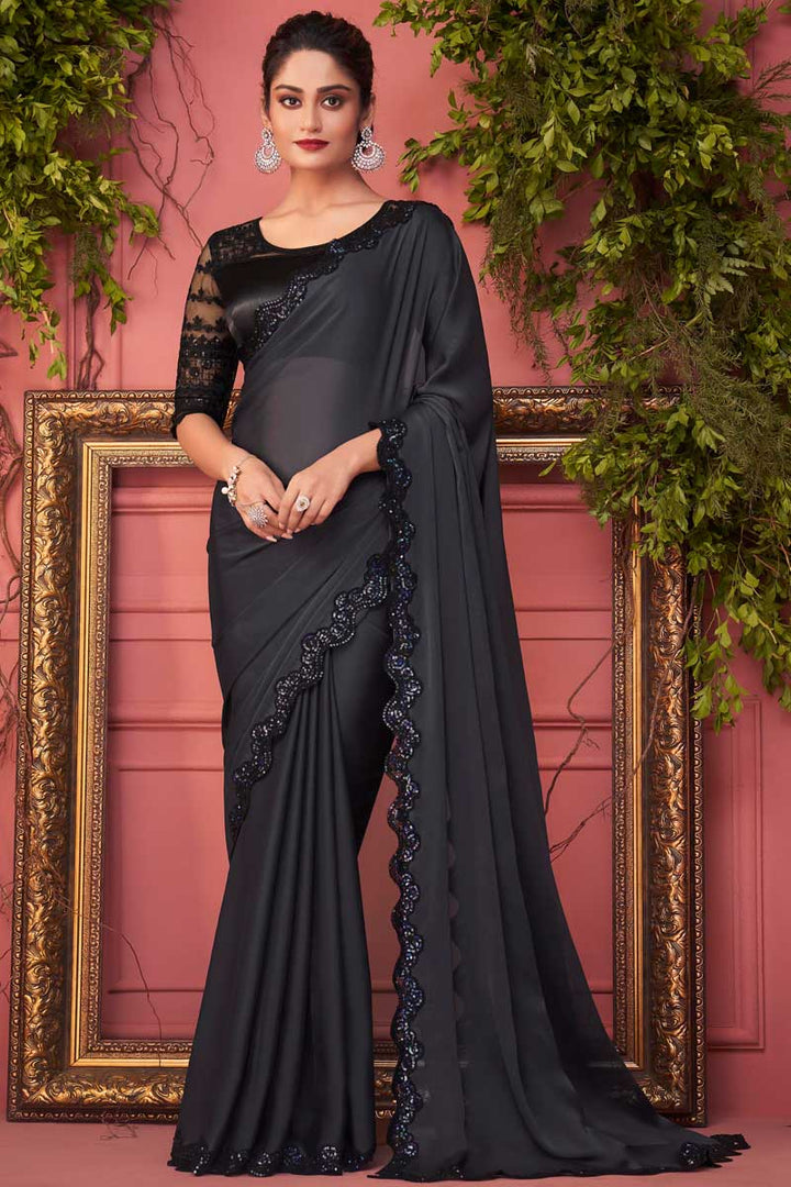 Party Look Black Color Gorgeous Georgette Fabric Saree