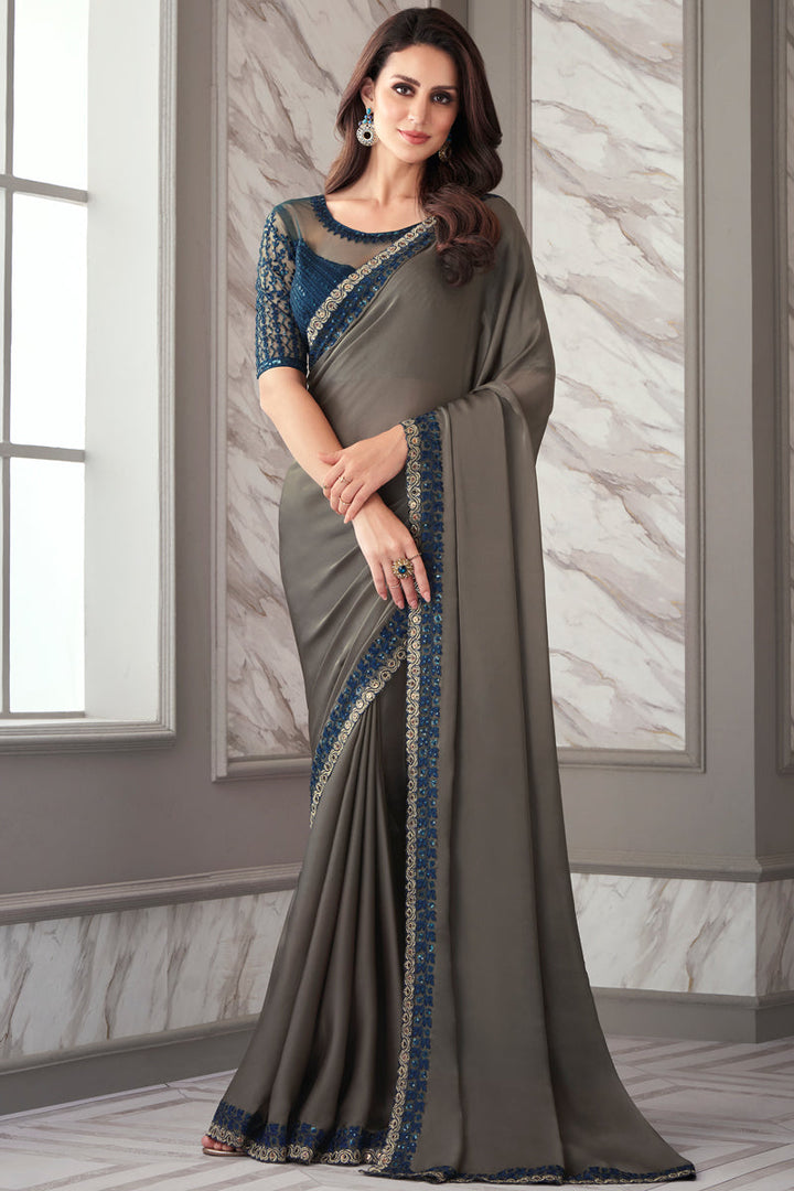 Grey Color Satin Satin Silk Fabric Saree With Radiant Border Work
