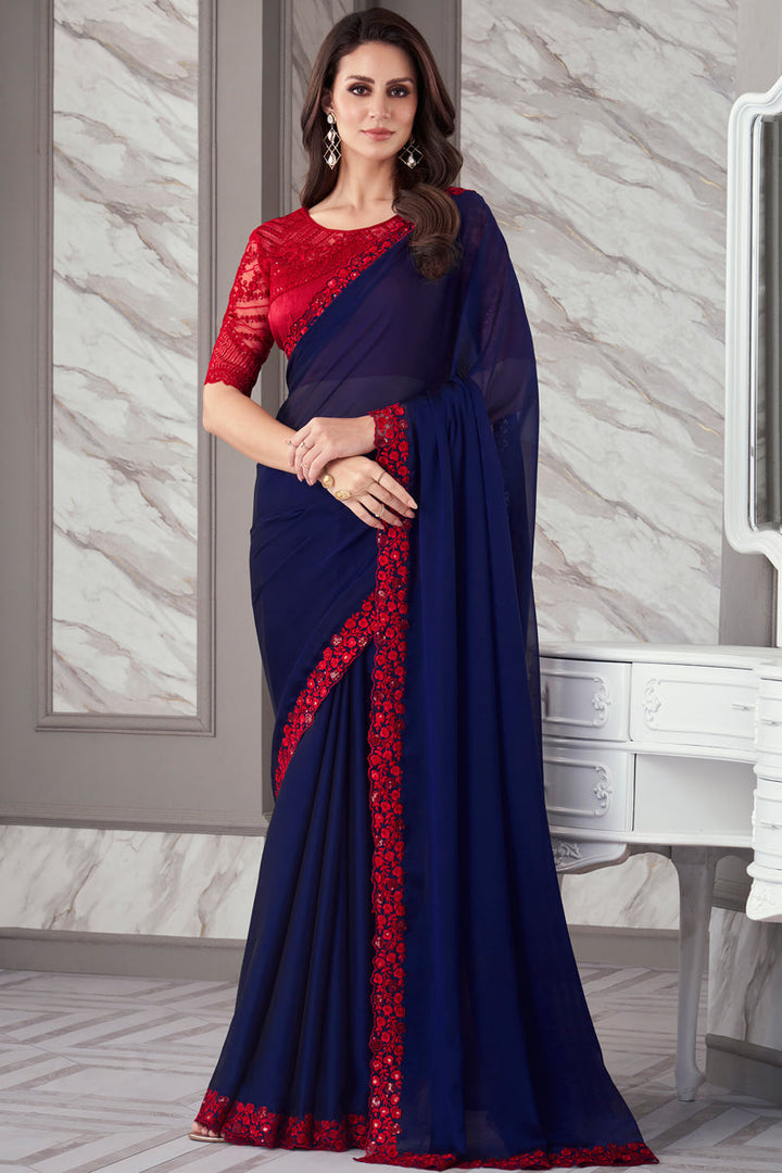Georgette Fabric Blue Color Saree With Excellent Border Work